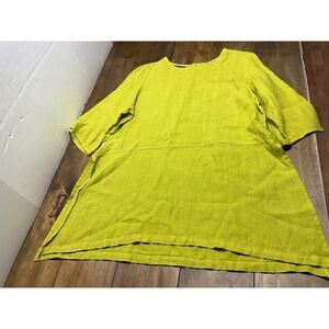 Bryn Walker XL Green Naida Linen Tunic Asymmetrical Quarter Sleeve Lagenlook